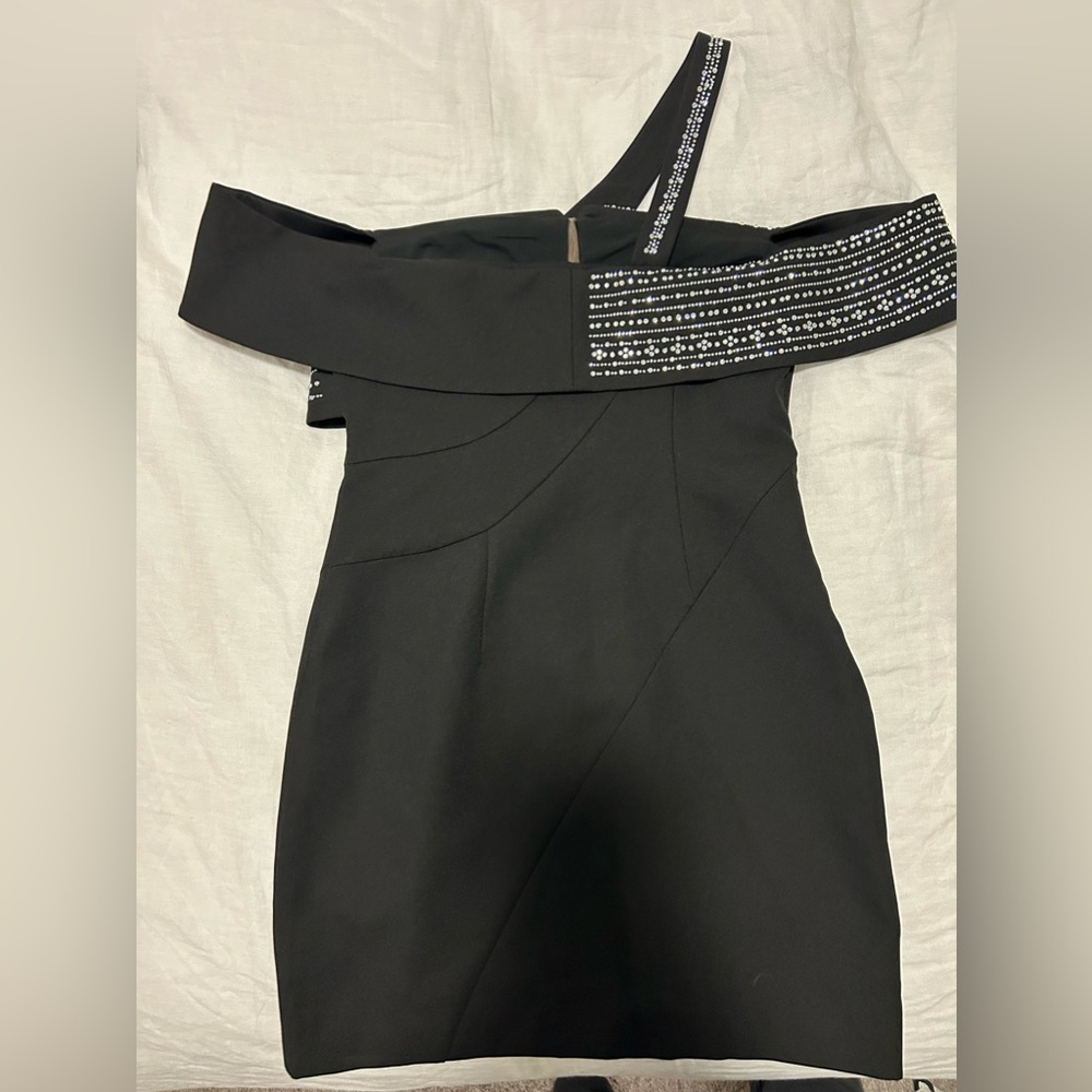 Black One-Shoulder Mini Dress with Silver Crystal Accents - Picture 4 of 4